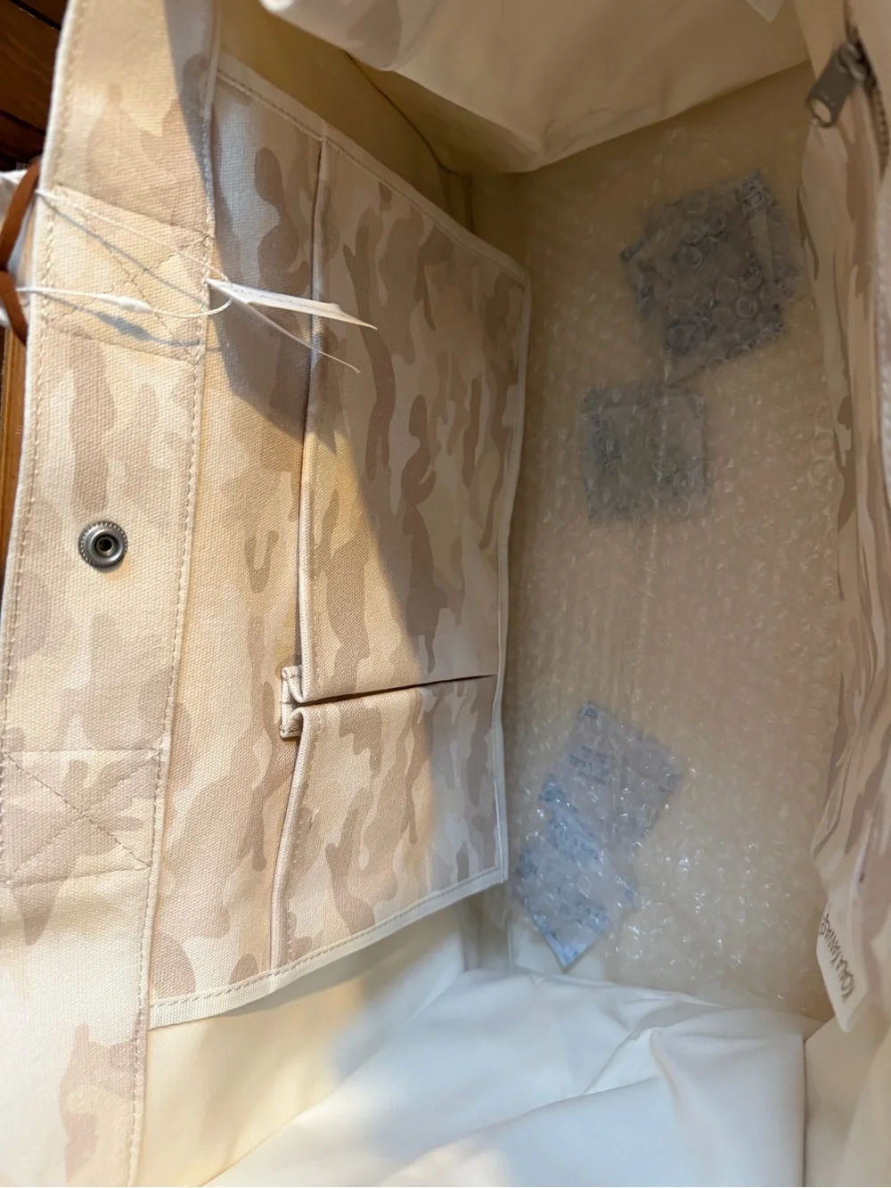 NWT Beige Camo Canvas Tote with Metallic Bronze Center Stripe